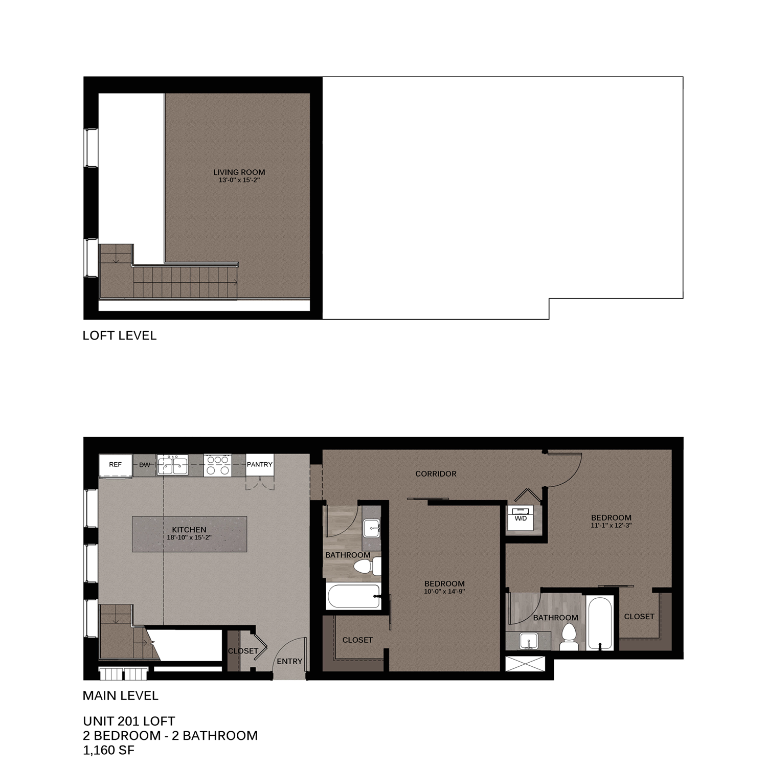 Floor plan for 2 beds, 2 baths, 1243 sqft